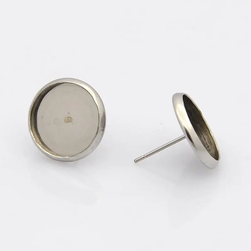 

304 Stainless Steel Flat Round Ear Stud Components, Stainless Steel Color, Tray: 8mm; 10mm, Pin: 1mm
