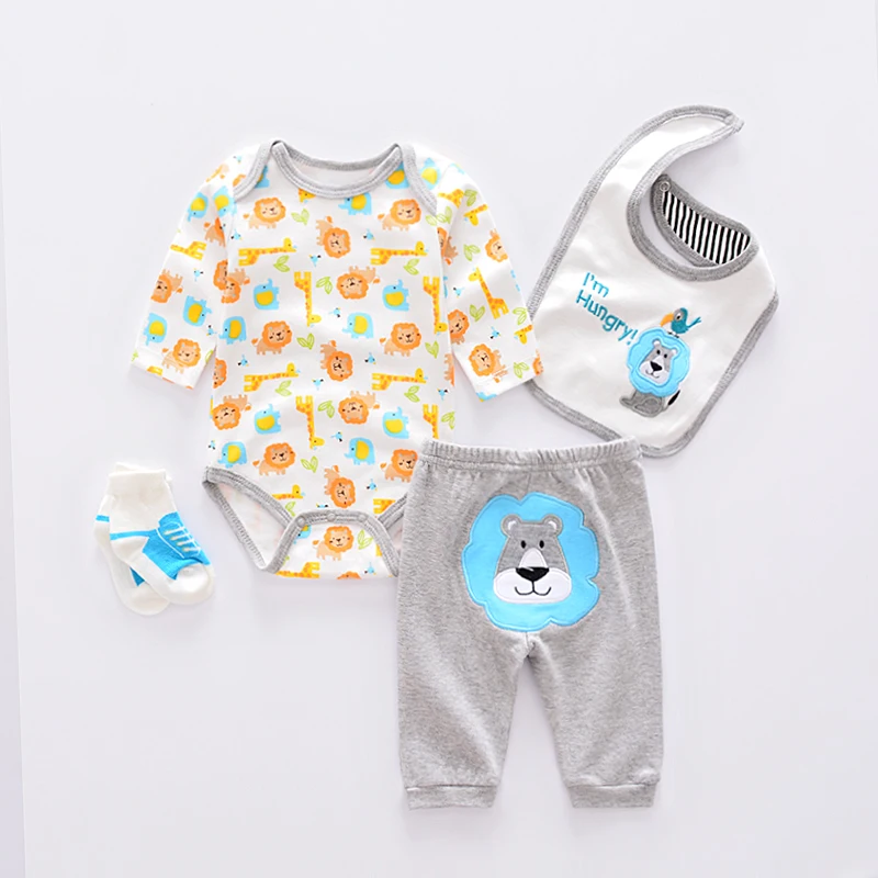 4 шт. Детские хлопковые комбинезоны с длинным рукавом штаны носки и нагрудник|newborn