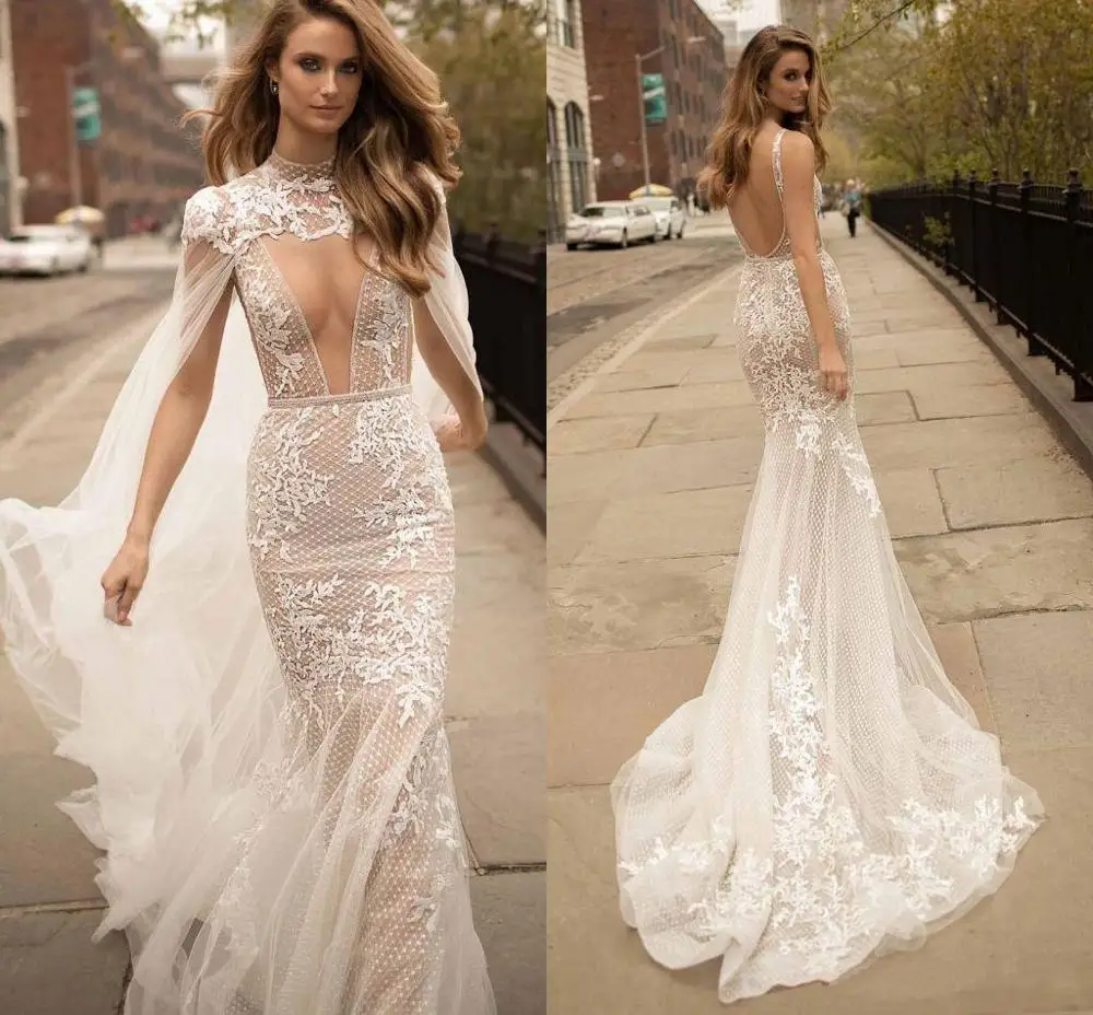 

Bohemian Wedding Dress 2019 Lace Deep V Neck Mermaid Wedding Dresse Boho Bride Dress For Girl Backless Bridal Gowns vestidos