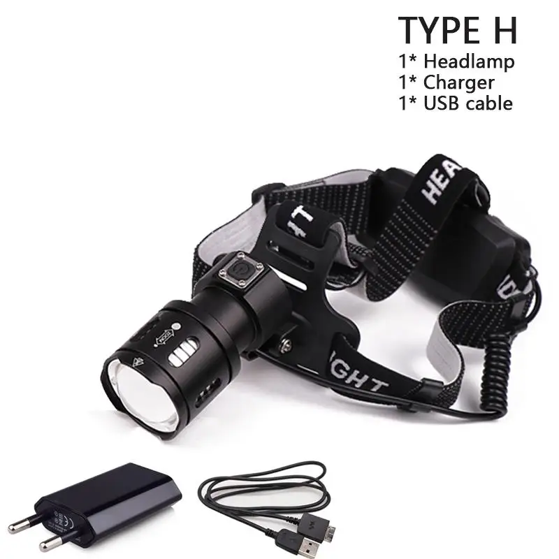 TYPE H Светодиодный налобный фонарь 30000 лм XPL V6 XHP50 hoofdlamp usb Перезаряжаемый водонепроницаемый налобный фонарь 18650 Аккумулятор для рыбалки - Испускаемый цвет: TYPE H