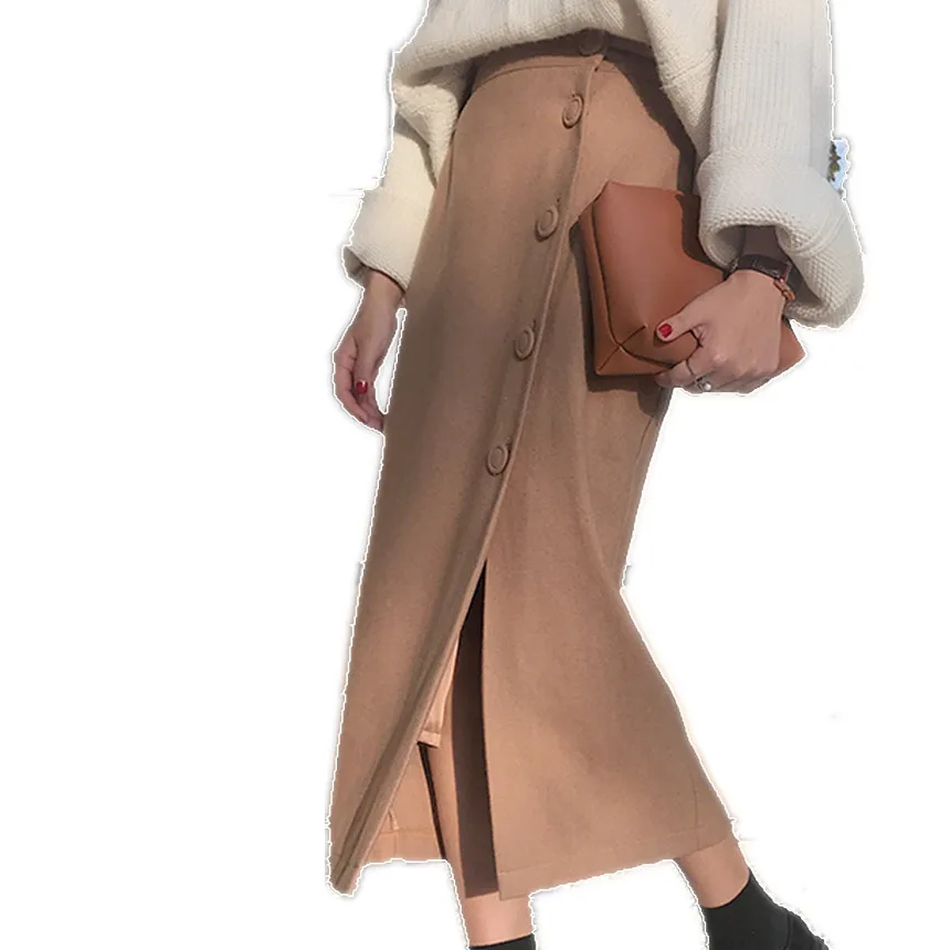 Женские юбки шерстяные однобортные женские Осень Зима Высокая талия юбка Винтаж