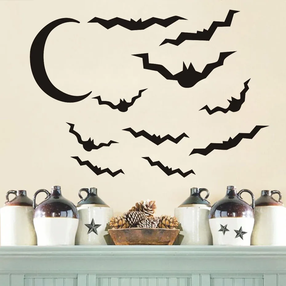 Bats&Moon Halloween Party Window Decals Modern Wall Stickers For Bedroom Living Room Home Decor Waterproof Accessory Wallpaper | Дом и сад