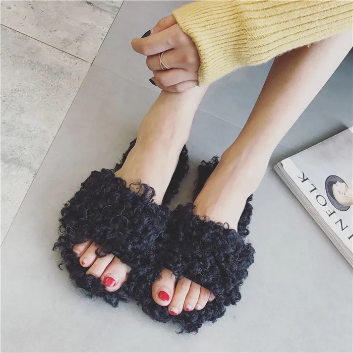 2017 г. зимние теплые женские шлепанцы на овечьем меху без задника меховые