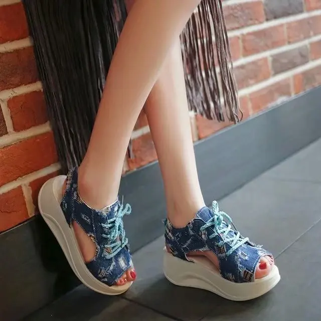 BENZELOR/Новинка 2019 г. летняя модная обувь из джинсовой ткани женские босоножки на