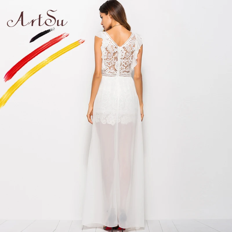 

ArtSu Sexy Hollow Out White Lace Dress Women High Split Crochet Chiffon Maxi Party Dress Ruffle V-Neck Elegant Robe Longue Femme