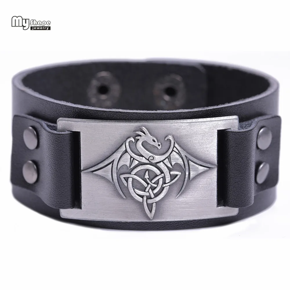 Black-Silver My shape Дракон-Викинг браслет-амулет Мужские Винтажные браслеты напульсники нордический Национальный Тотем ремешок из натуральной кожи - Окраска металла: Black-Silver