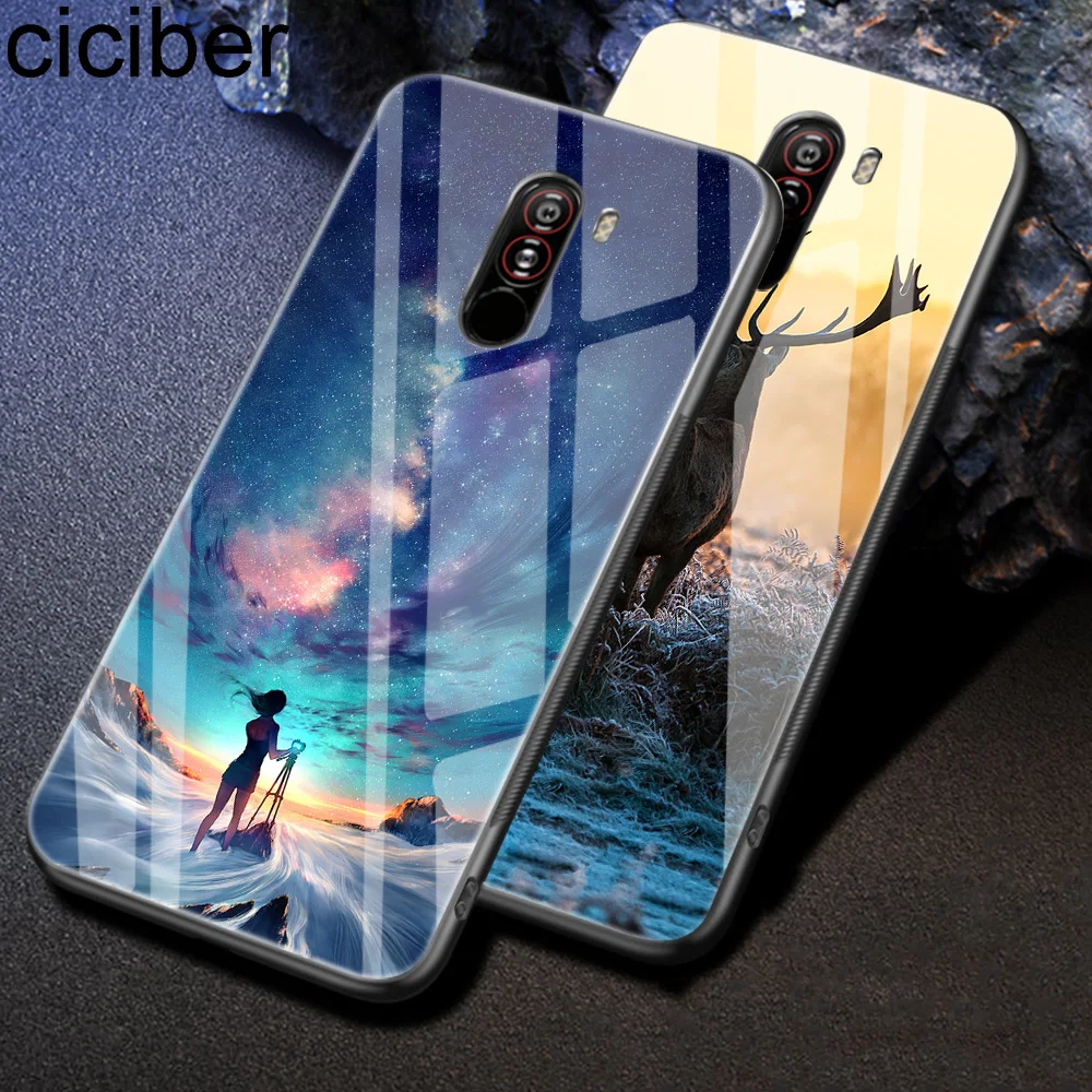 ciciber For XIAOMI PocoPhone F1 Tempered Glass Mobile Phone Case Silicone Coque Fundas Capa Flower Animal Starry Moon |