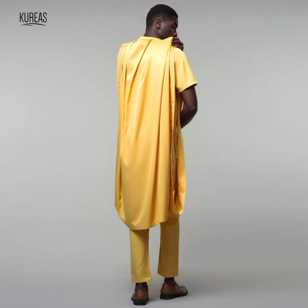 Kureas Африканский Agbada традиционный Мужской комплект из 3 предметов с короткими рукавами Дашики костюм желтый Бубу африканская Роба формальный наряд