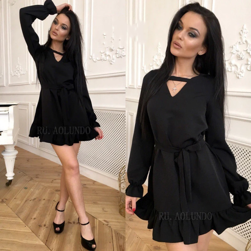 2018 Choker V-Neck Long Sleeve Autumn Dress Woman Solid Ruffles Sashes Straight Casual Flare Mini Dresses | Женская одежда