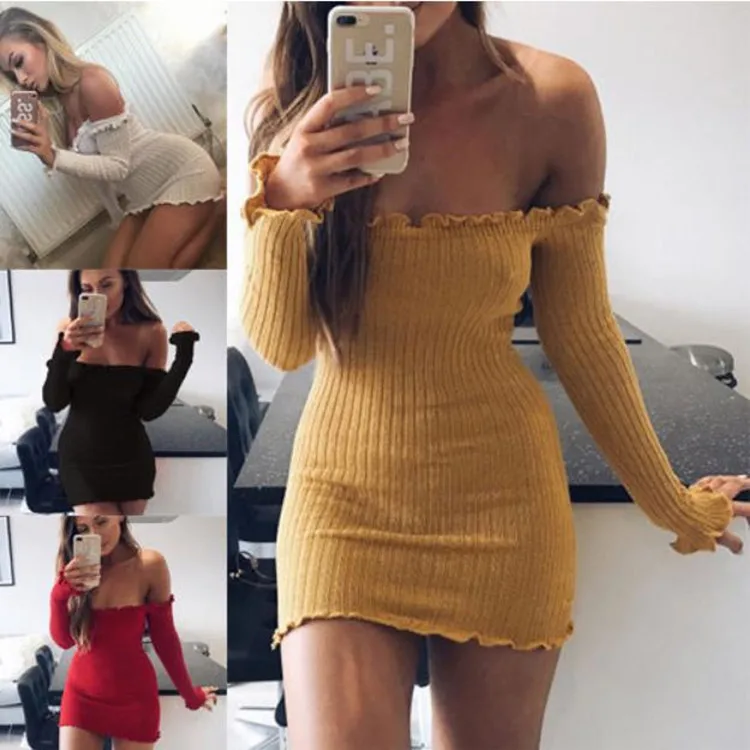 Сексуальная с плеча клуб женское платье Тонкий Bodycon осень-зима трикотажные
