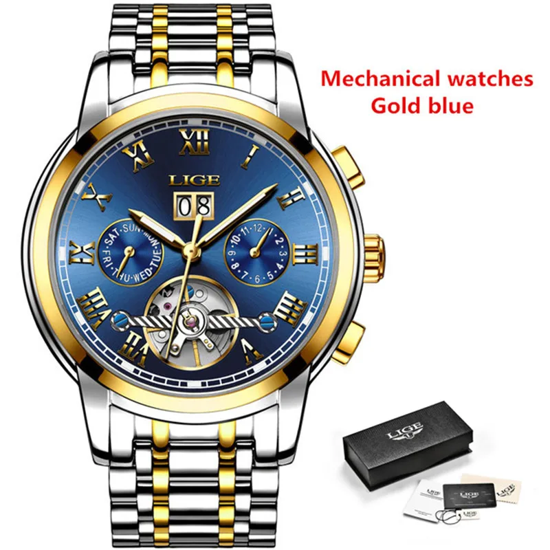 S Gold Blue Модные мужские часы LIGE Топ бренд класса люкс Tourbillon водонепроницаемые автоматические механические часы мужские спортивные часы из нержавеющей стали+ коробка - Цвет: S Gold Blue
