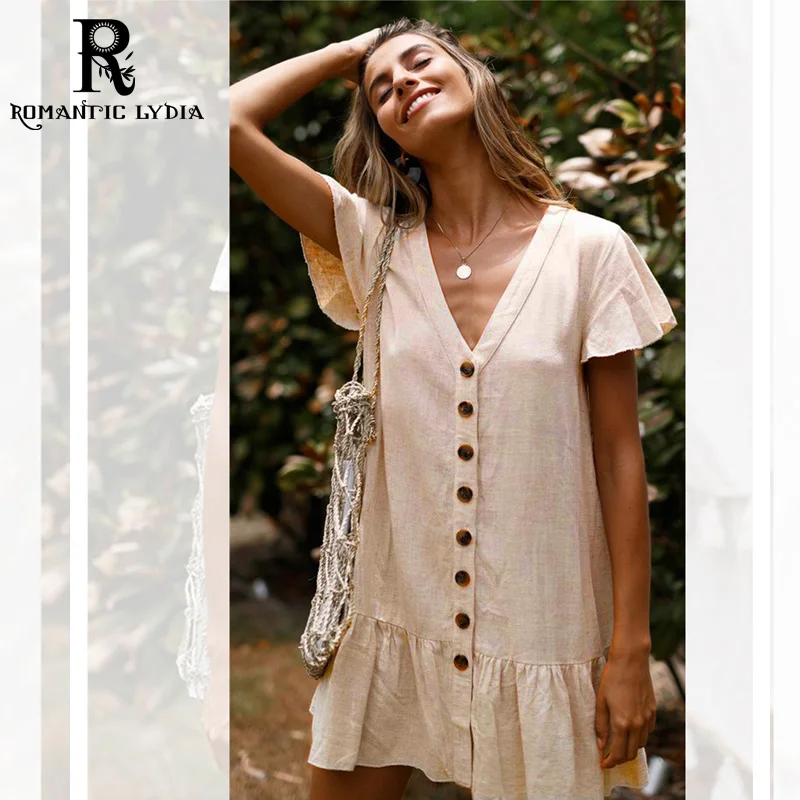 Летнее винтажное льняное платье Coton Button абрикосовое повседневное Короткое мини с