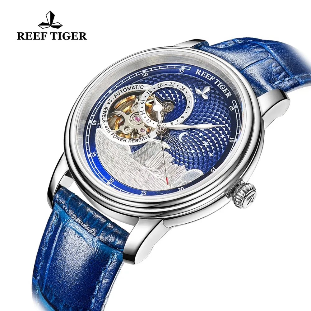 Часы Reef Tiger/RT мужские механические розовое золото синий цвет 2019 | Наручные часы