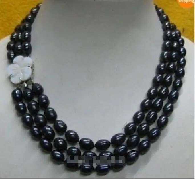 3 rows 10-12 Black natural Pearl Necklace 17