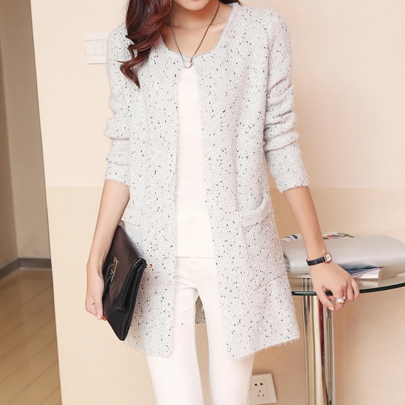 2016 long in coats knit cardigan sweater show thin pocket female collar |