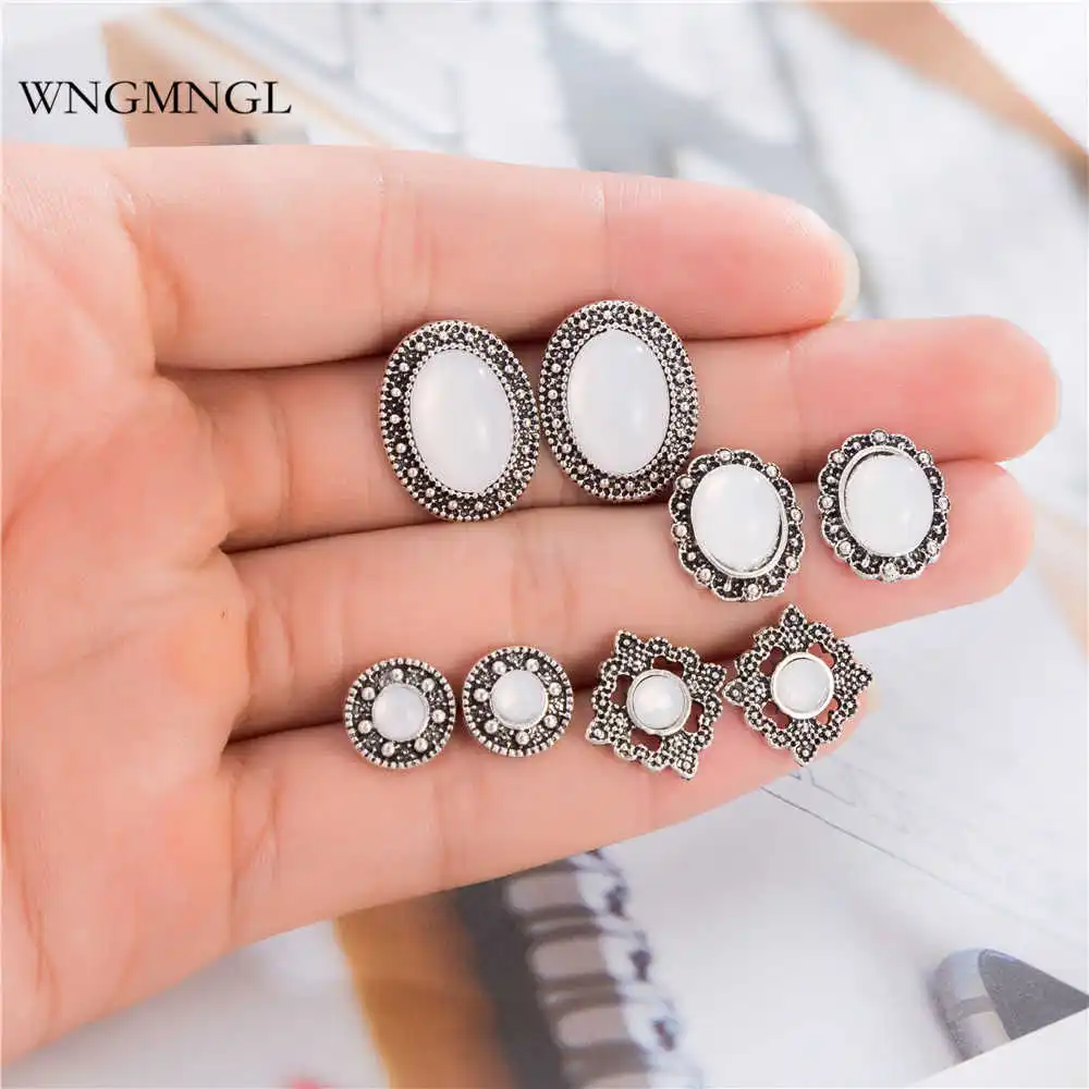 

WNGMNGL 5 Pairs/Set 2018 New Fashion Vintage Boho Mix Geometric Round Oval Sliver Color Stud Earrings for Women Jewelry Gift