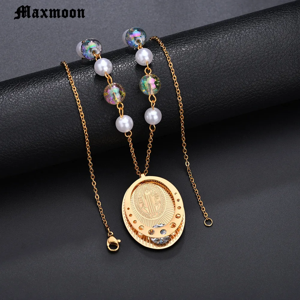 Maxmoon 3D Round Saint Benedict Stainless Steel Medal Antique Silver Color Gold Cross Pendant Necklaces Women Girl Gift | Украшения и