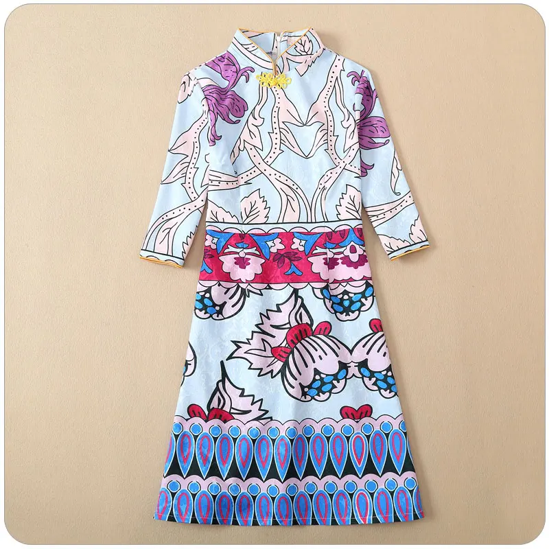 

F~3XL Plus Size NEW Spring Autumn Elegant 3/4 Sleeve Novelty Blue Party Dress Women Ladies Big Chinese Sytle Short Midi Vestido
