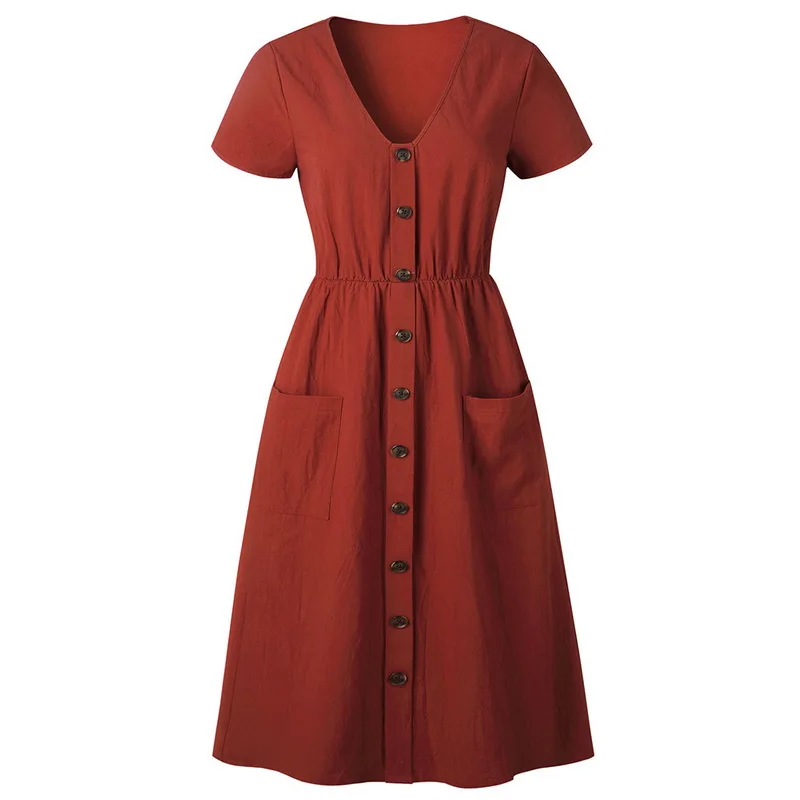 Brick red LASPERAL, женские модные летние платья миди с коротким рукавом, v-образным вырезом, пуговицами, карманами, пляжные летние богемные платья - Цвет: Brick red