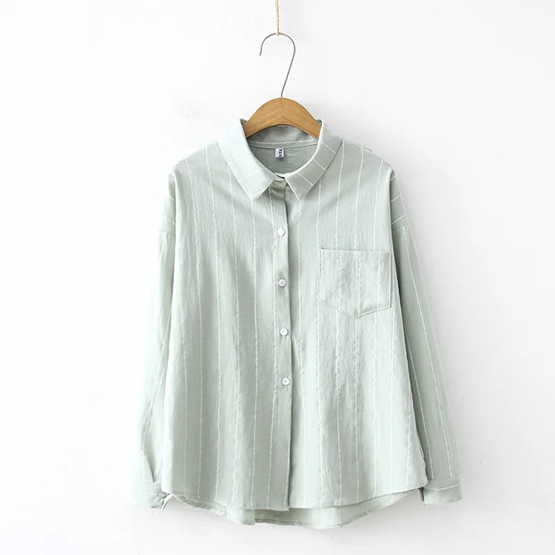 LIGHTGREEN BLOUSE Женские топы и блузки с карманами в полоску, женские блузки, рубашка с длинным рукавом, Женская хлопковая и льняная Повседневная рубашка с отложным воротником - Цвет: LIGHTGREEN BLOUSE