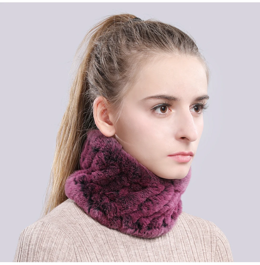Women Real Fur Handmade Stretch Fur Scarf Knit Genuine Rex Rabbit Fur Headbands Girls Natural Fur Ring Cowl Snood Scarves Winter