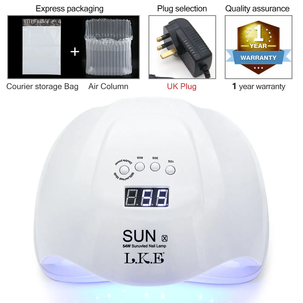 54W UK Plug LKE Сушилка для ногтей SUN X, 54 Вт, УФ-лампа, машина для полировки ногтей, светодиодный светильник для гель-лака, автоматический датчик для рук, светодиодный инструмент для дизайна ногтей, лампа - Цвет: 54W UK Plug
