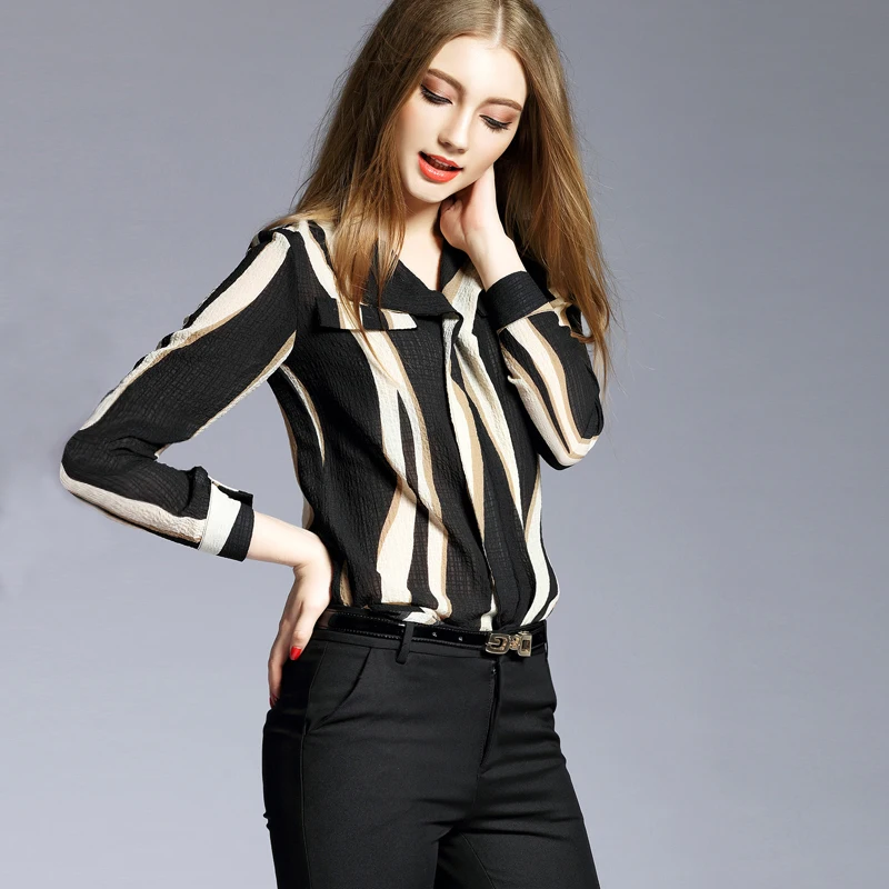 Hot Head Chiffon Blouse Female Spring And Autumn New V-neck Vertical Stripes Shirt Women Loose Tops Long Sleeve Shirts S-4xl