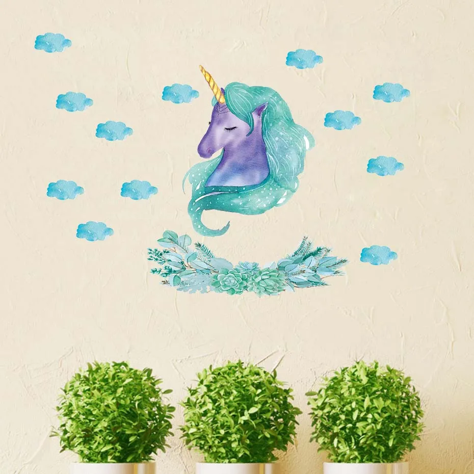 Прекрасные наклейки на стену из винила с милыми рисунками единорога и облака для декора в детских комнатах девочек.
