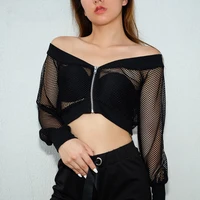 jiezuofang summer 2019 black mesh top long sleeve off shoulder sexy club wear short female tops fitness crop top streetwear