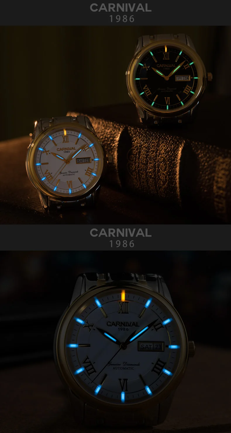 T25Carnival Тритий Светящиеся Часы для мужчин двойной календарь автоматические механические часы военные полностью стальные часы сапфир montre