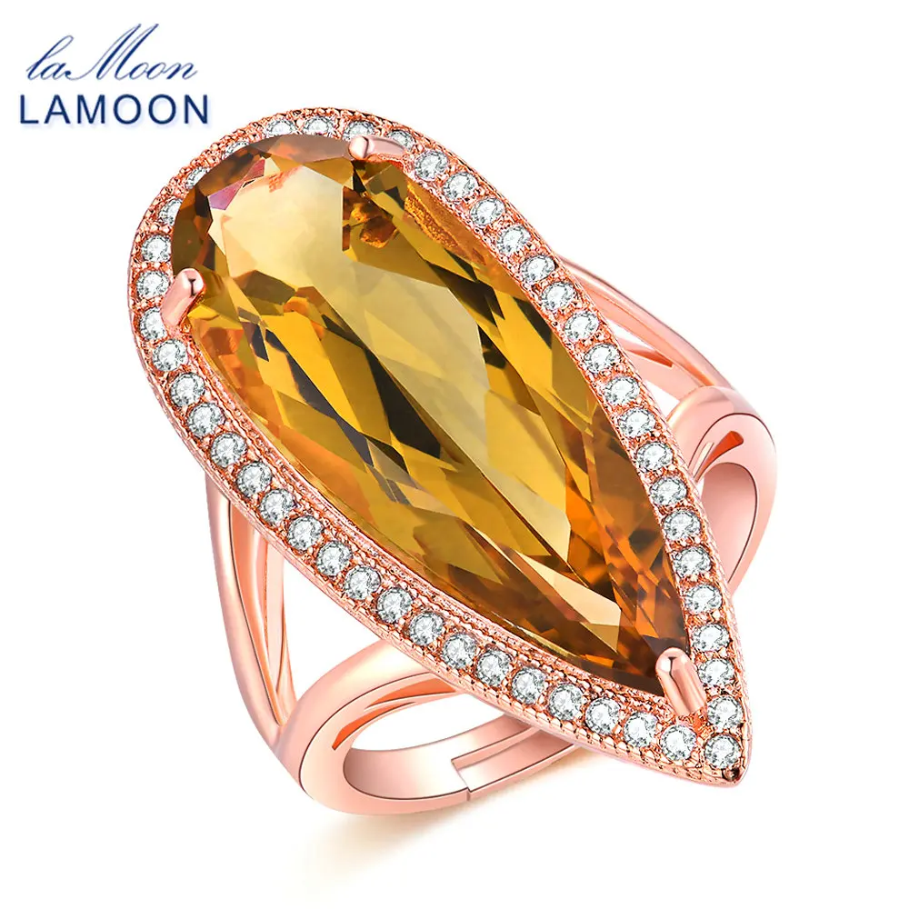 

LAMOON Luxury Gemstone Tear Drop Rings for Women Natural Citrine 925 Sterling Silver Cocktail Ring Fine Jewelry S925 RI041