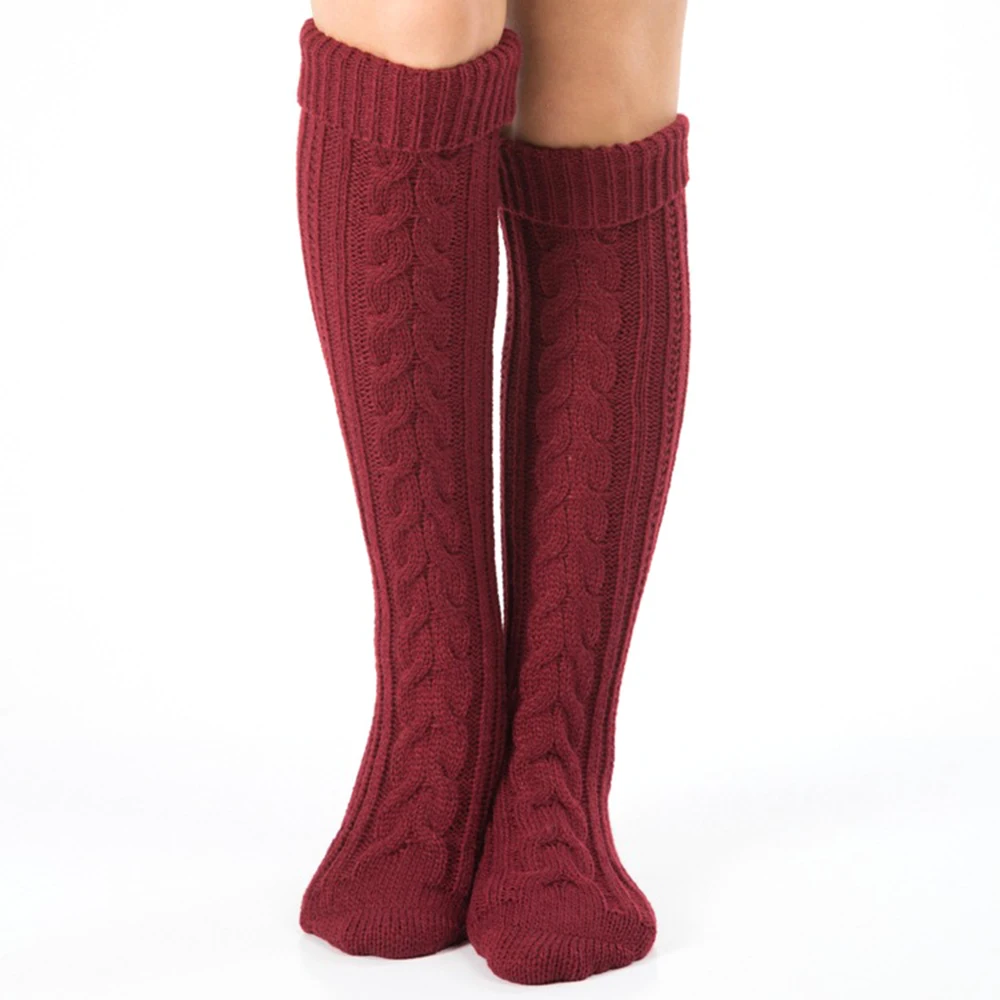 Женские зимние теплые вязаные носки выше колена рождественские однотонные