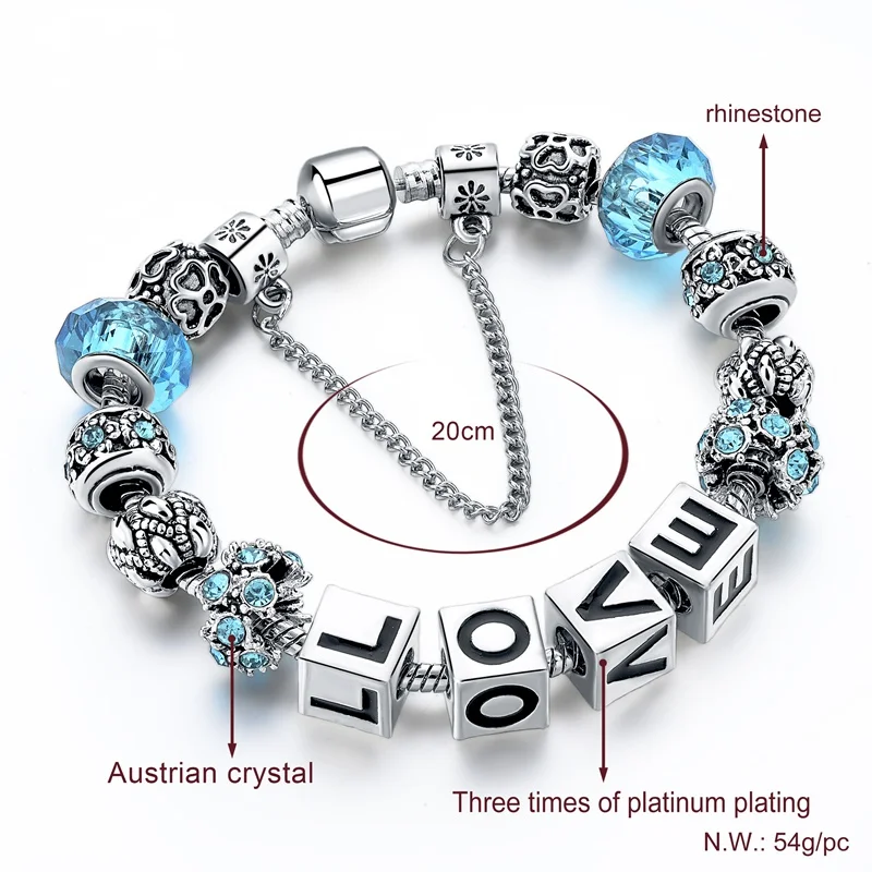Модные синие очаровательные браслеты для женщин серебряные с кристаллами и