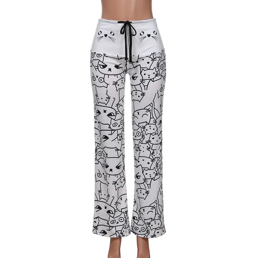 

2021 Summer Cute Cat Print Wide Leg Pants Drawstring Women High Waist Women Long Pants Casual Daily Wear Female Sport Trousers