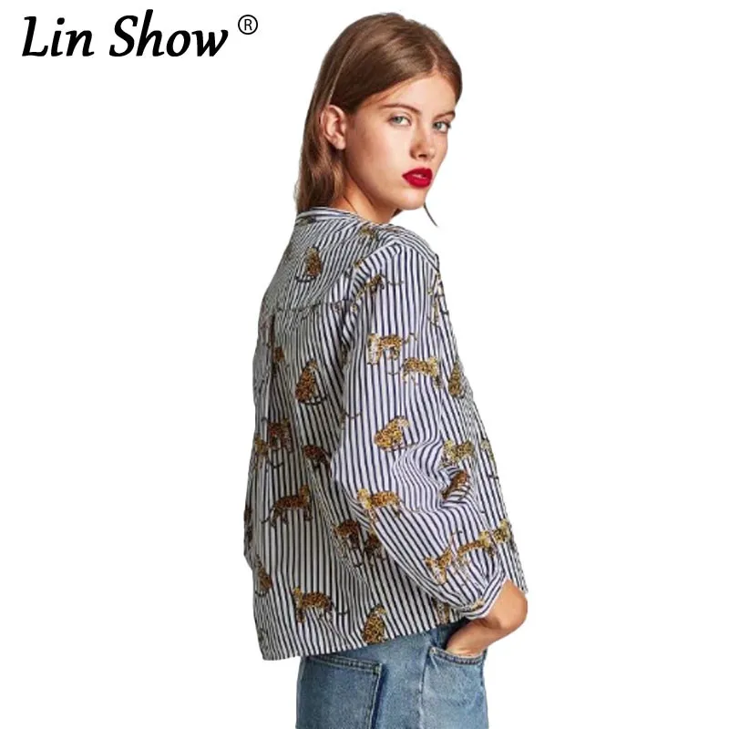 Linshow Мода Животных Печатные Блузка с длинным рукавом белый полосатый Питер Пэн