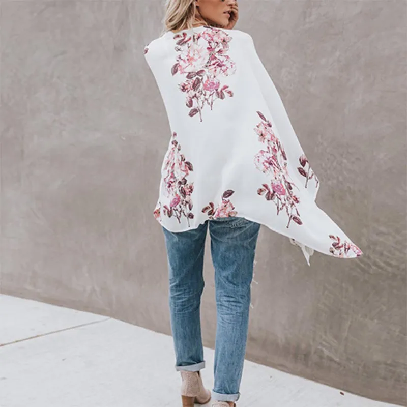 Женская блузка длинная свободная с длинным рукавом из шифона цветочным принтом