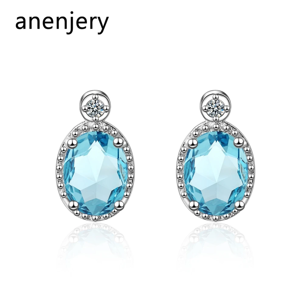 Anenjery, простые, классические, искусственные, Кристальные, океанские, голубые, капли воды, 925 пробы, серебряные серьги для женщин, подарок, S-E841