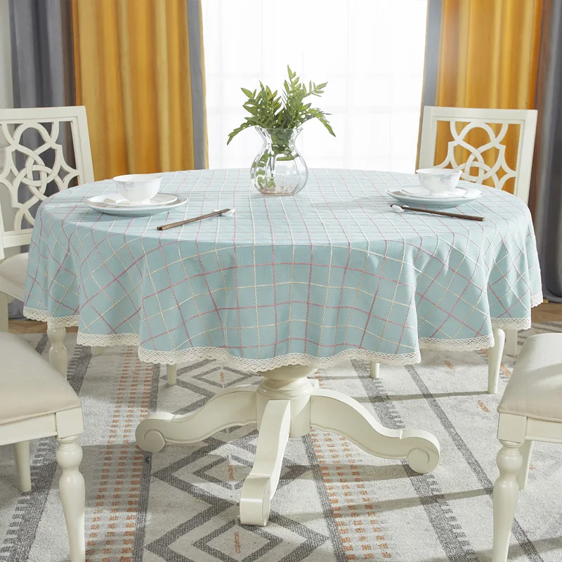Blue-Plaid Круглая скатерть из хлопка и льна, скатерть в клетку, Рождественская скатерть с кружевным краем, свадебные скатерти - Цвет: Blue-Plaid