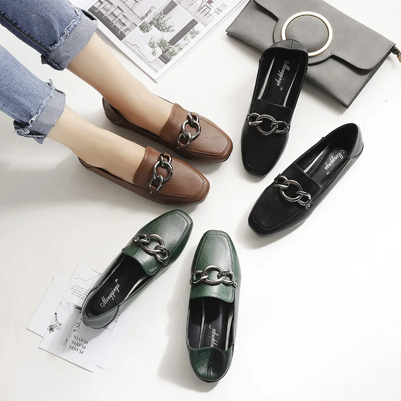 Европейская Новинка осени с квадратным носком круглая пряжка обувь на плоской