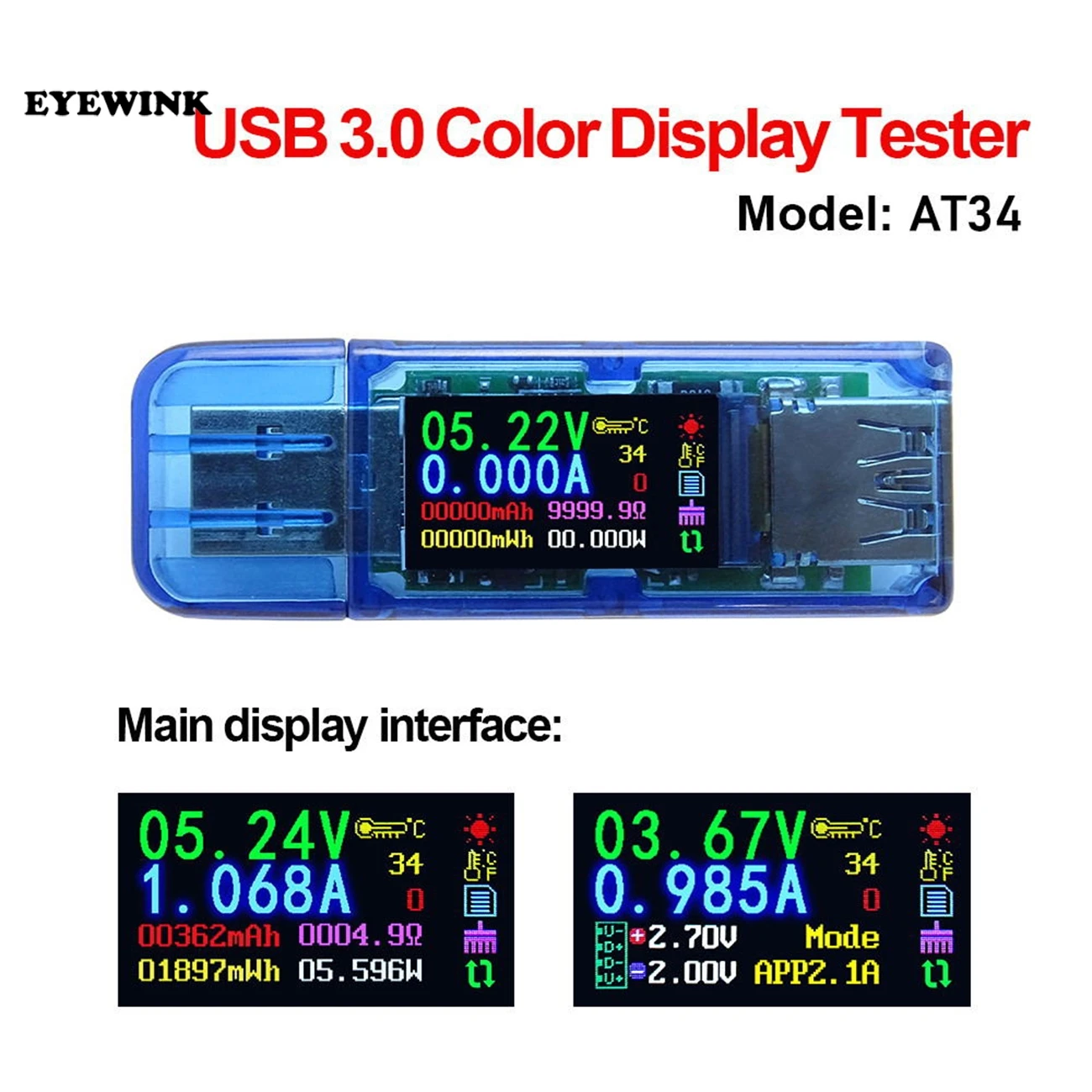 AT34 USB 3,0 цветной ЖК-Вольтметр Амперметр измеритель напряжения тока мультиметр Зарядка батареи банк питания USB Тестер