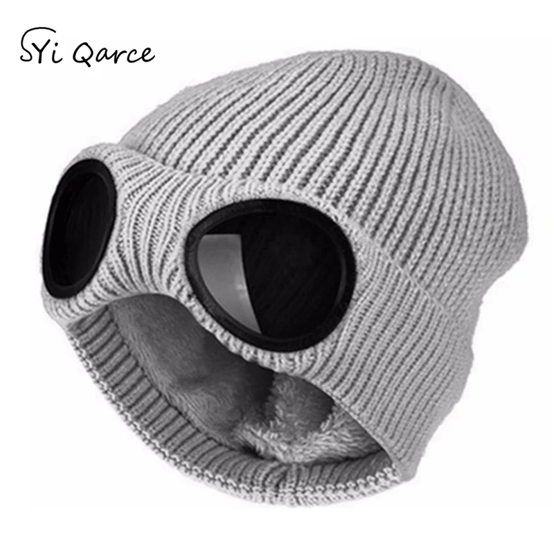 SYi Qarce,, однотонная зимняя вязаная шапка s Skullies Beanies, шапка для женщин и мужчин, Двойная съемная Кепка для очков, NM137-39 - Color: Gray