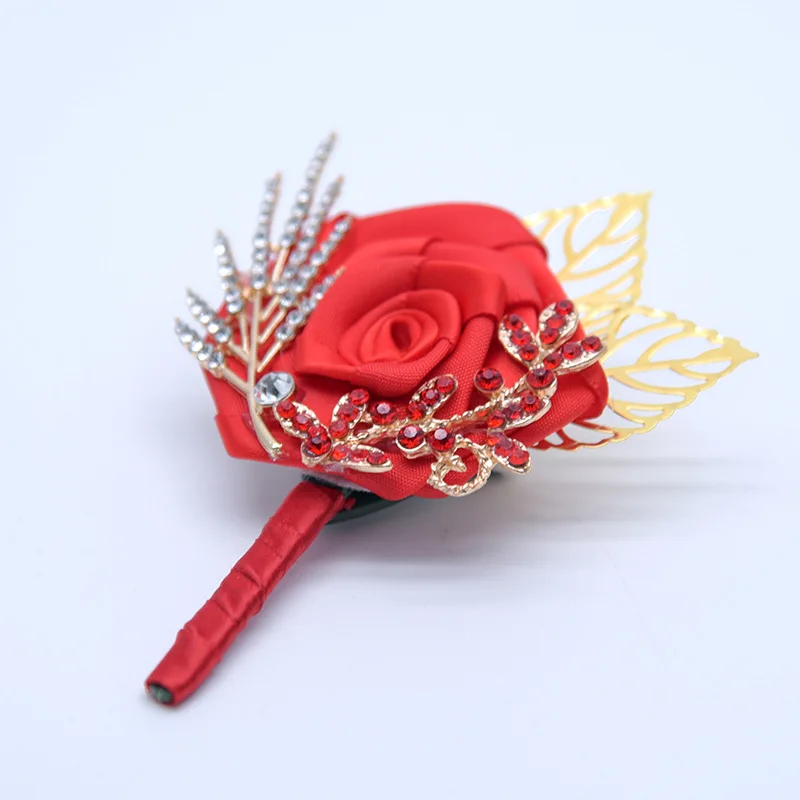 JaneVini Chinese Red Grooms Corsage Wedding Gold Leaf Beaded Boutonniere Brooch Boutonnieres Men's Suit Pin 2019 |