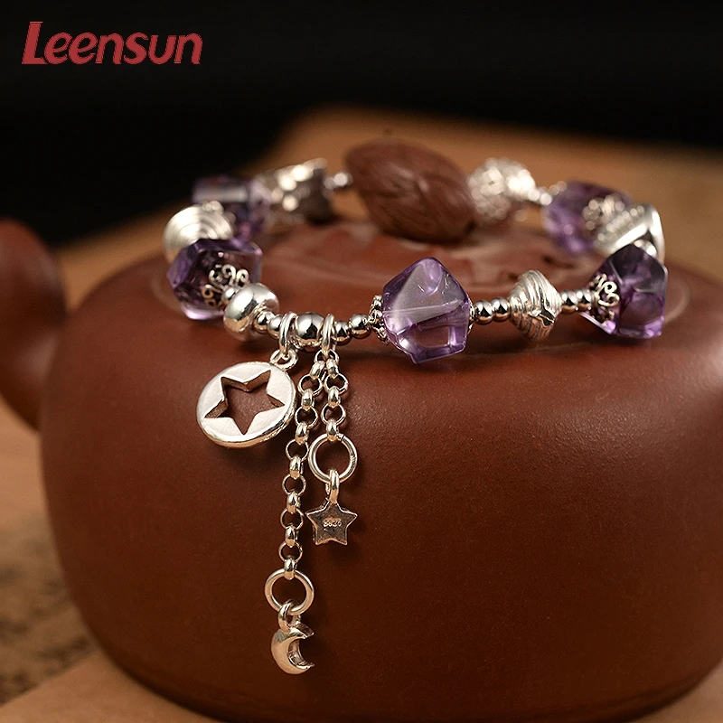 Leensun ювелирные изделия, ручной работы 925 серебро с аметистом/браслет в подарок для женщин