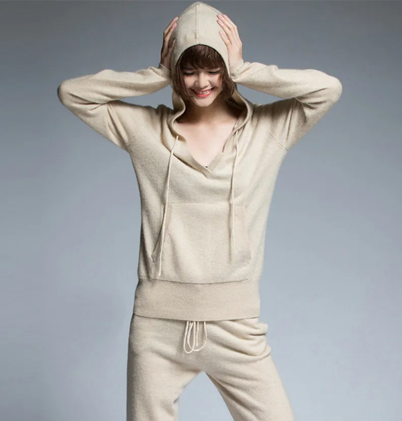 2 шт./комплект женские спортивные костюмы из кашемира и шерсти с капюшоном