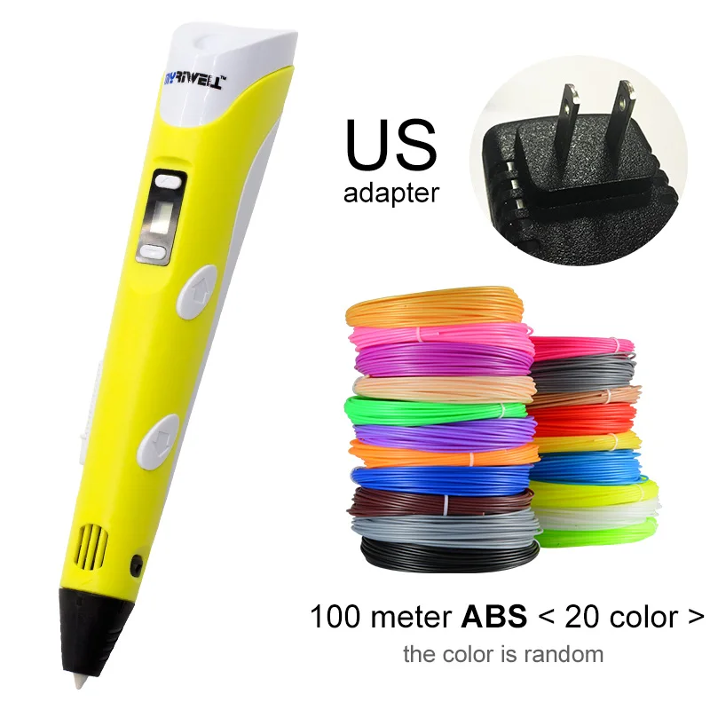 Yellow US-100m ABS Myriwell 3D Ручка светодиодный экран DIY 3D печатная ручка 100 м ABS нить креативная игрушка подарок для детей дизайн рисунок - Цвет: Yellow US-100m ABS
