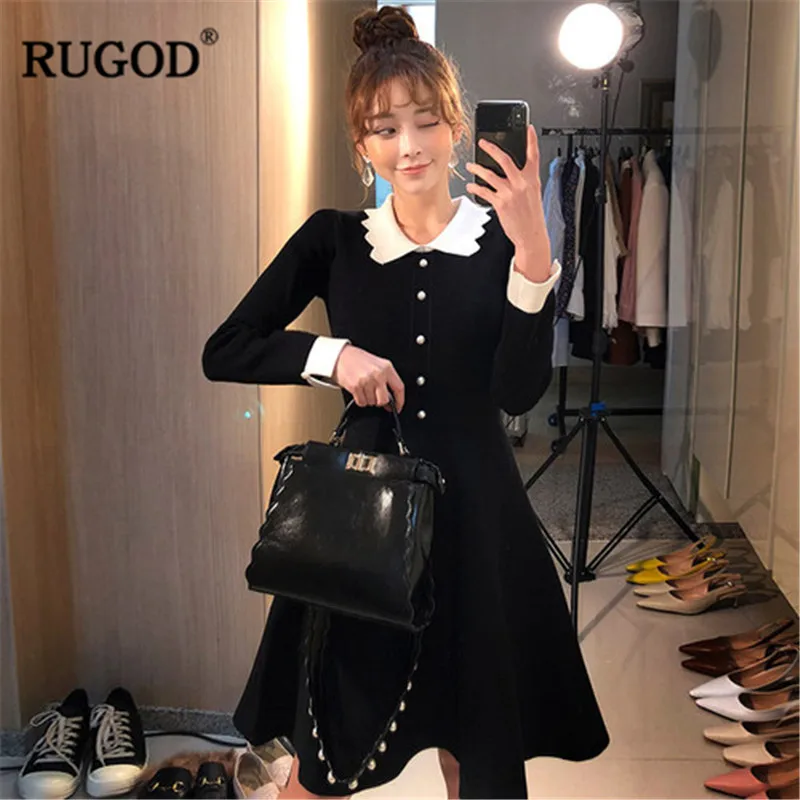 RUGOD элегантное офисное женское платье Weaing туника с длинными рукавами и