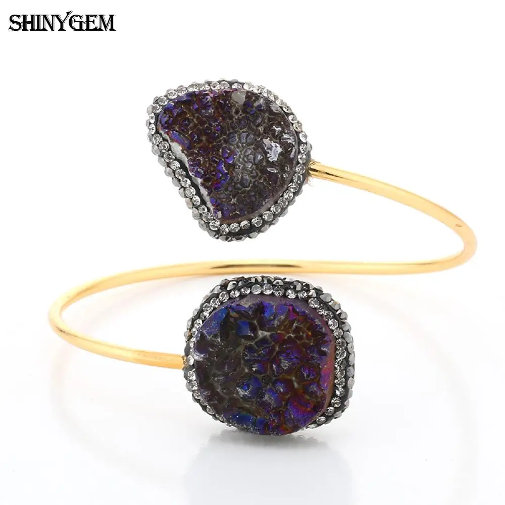 ShinyGem винтажный Регулируемый большой браслет с камнями Друза браслеты гладкое золотое покрытие с большим природным камнем открытые манжеты браслеты для женщин