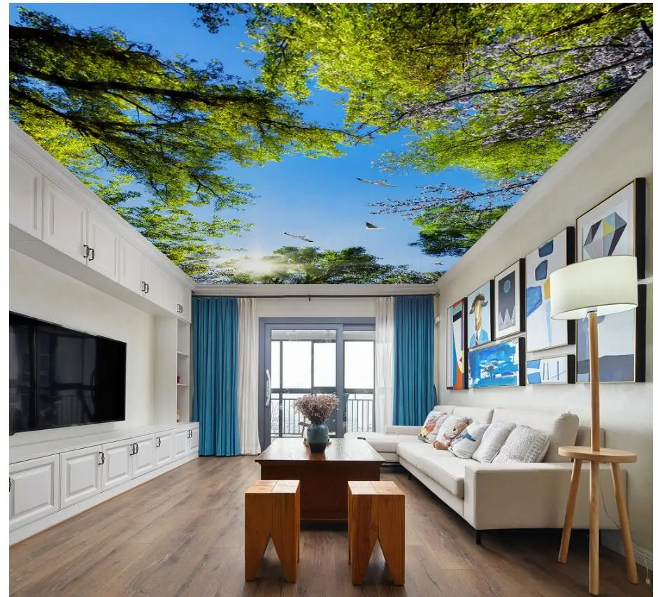 

WDBH custom 3d ceiling murals wallpaper Blue sky and white cloud green leave home decor 3d wall murals wallpaper for living room