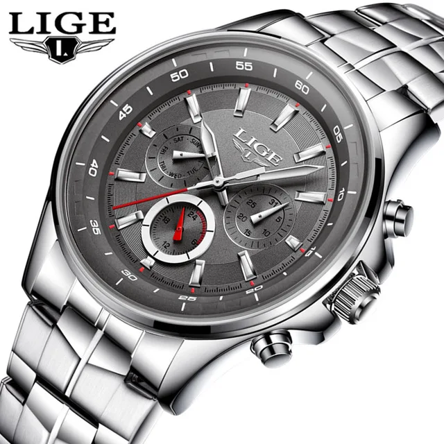 Steel grey Лидирующий бренд, Роскошные мужские часы LIGE, военные спортивные кварцевые часы, мужские деловые кожаные водонепроницаемые часы с хронографом, Relogio Masculino - Цвет: Steel grey