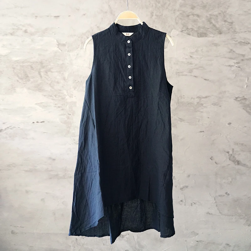 Johnature 2021 Summer New Stand Women Solid Color Shirt Dress Button Sleeveless Clothes Vintage Casual Cotton Linen Vest Dresses | Женская